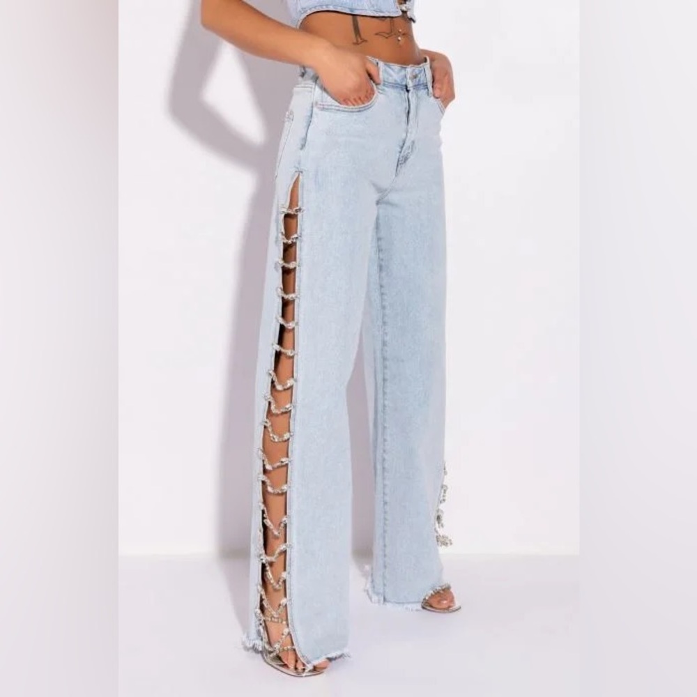 AKIRA Rhinestone Split Denim Relaxed Jeans